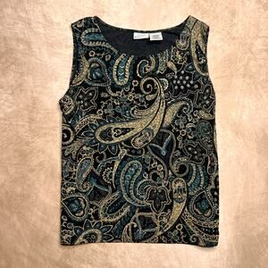 Vintage 90s Multicolor Paisley Print Tank Top Sleeveless Shirt Metallic Floral
